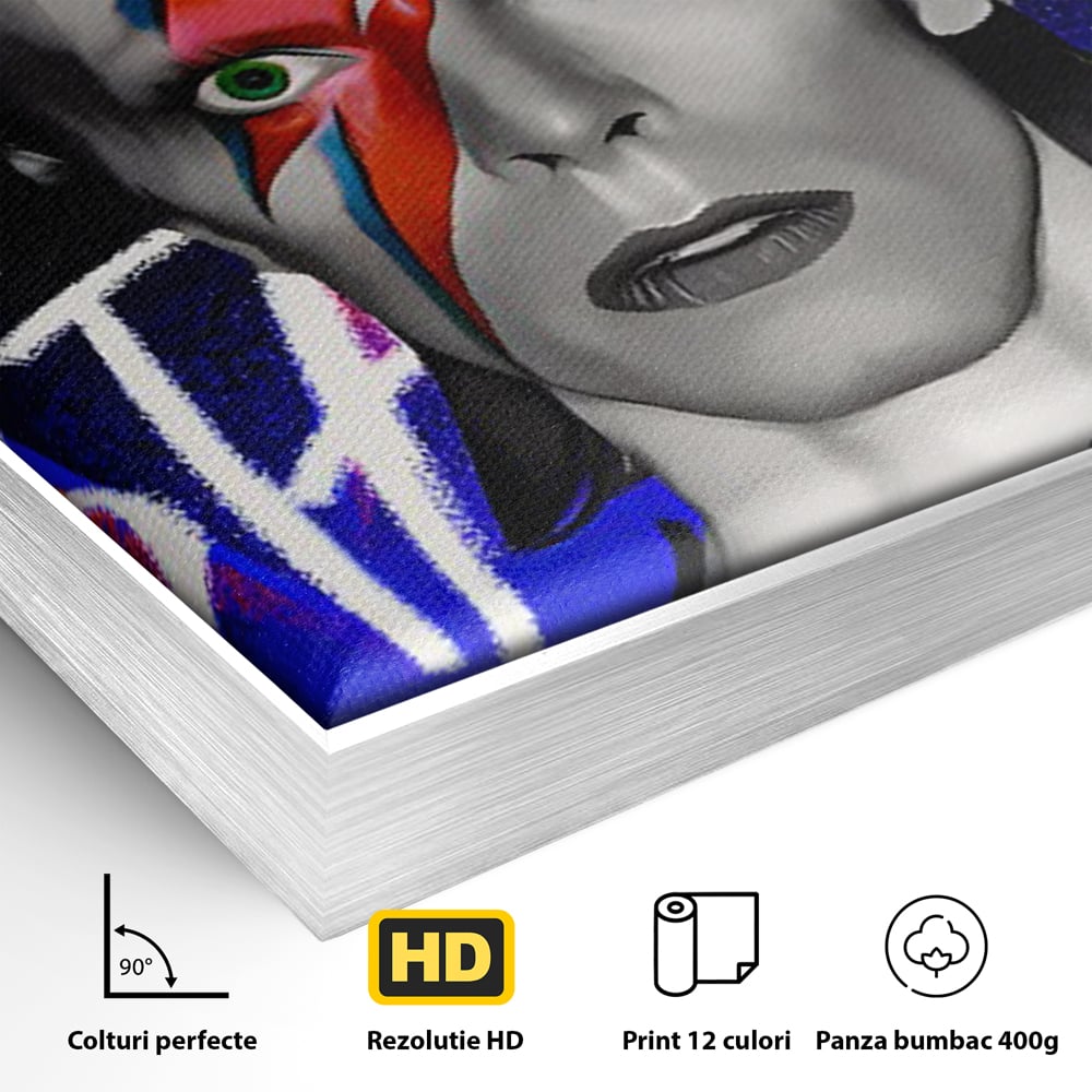 Detaliu al suprafetei: tablou portret david bowie cu fulger, in rama de aluminiu argintiu